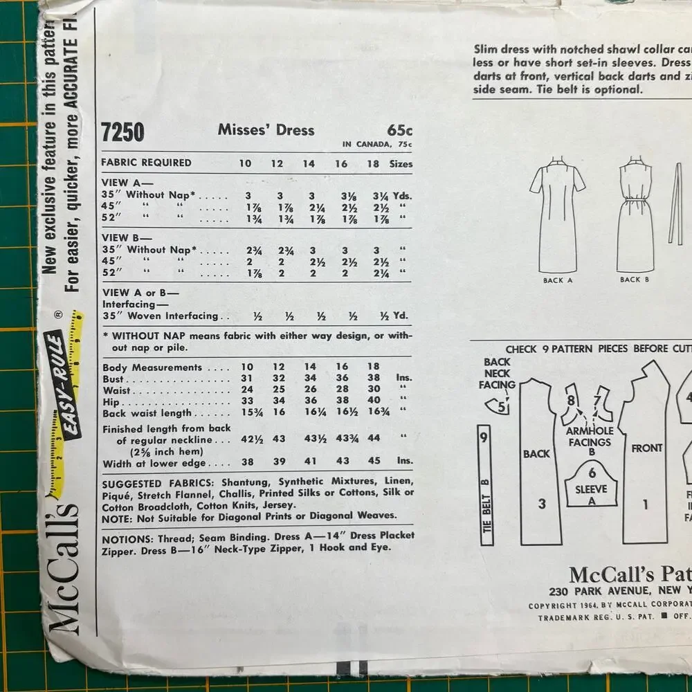 Vintage McCall's 7250 Sewing Pattern Size 14 Bust 34 Dress 1964 Uncut FF